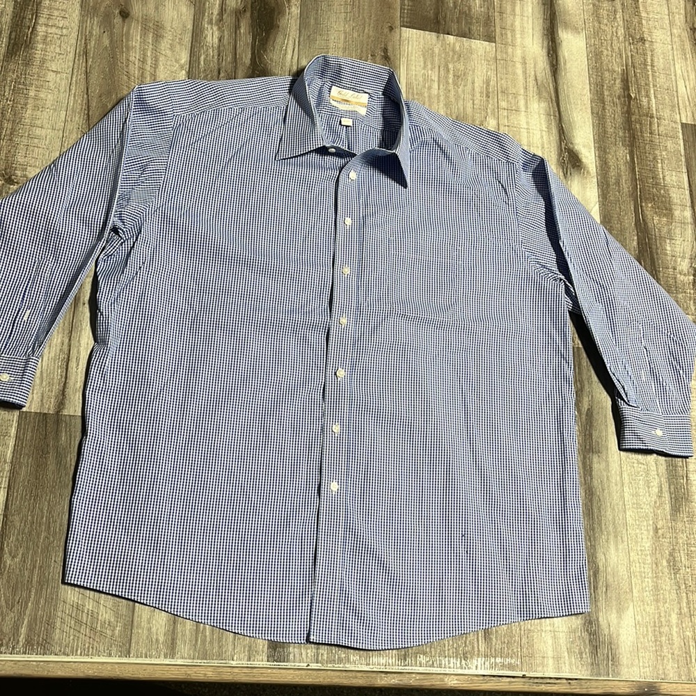 Men’s Long Sleeve Blue & White Checkered Gold Label Button Up Dress Shirt 18/33